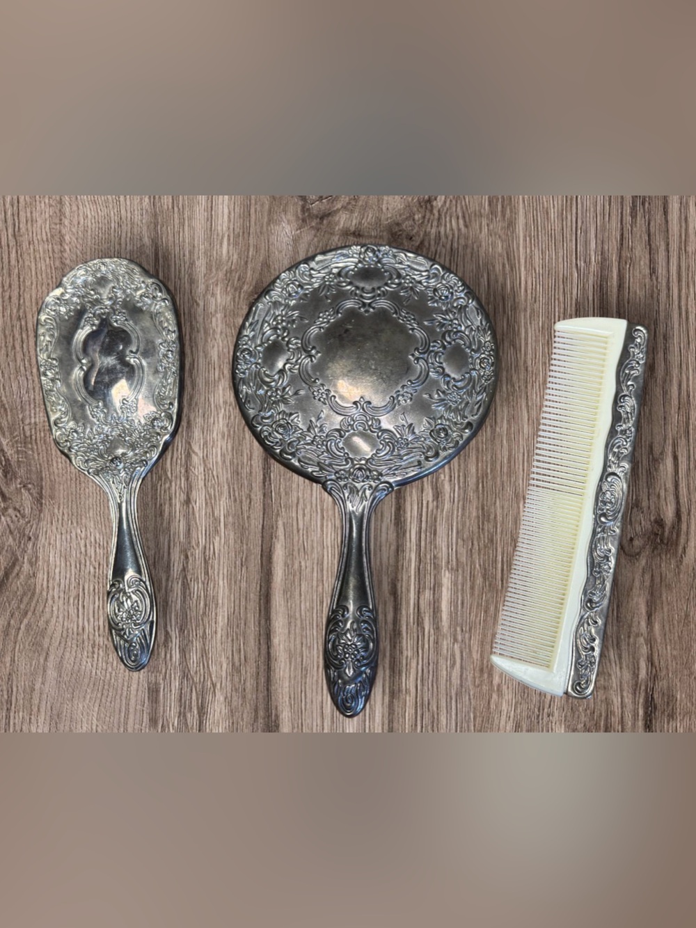 Antique Ornate Silver Plated Handheld Mirror ,Brush & Comb Set Heavy
